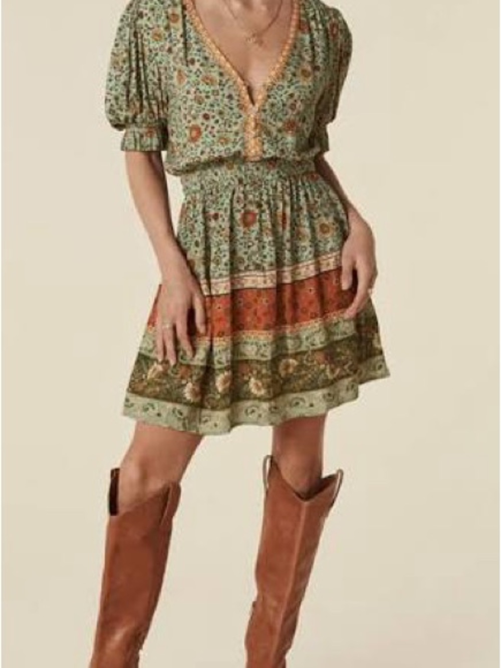 Spell Lady Untamed Play Dress Sage and Rust Floral Tiered V-Neck